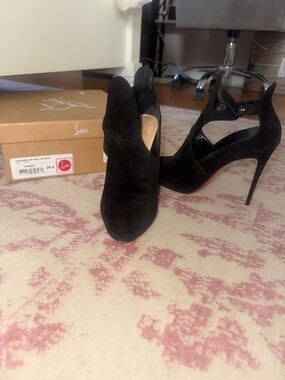 Christian Louboutin Black Suede Cutout Stiletto Ankle Strap Pumps